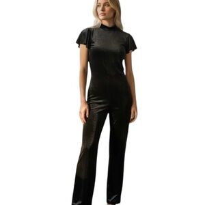 NWT ModCloth Velvet Flutter Sleeve Mock Neck Wide Leg Black Jumpsuit XS/0 Chic